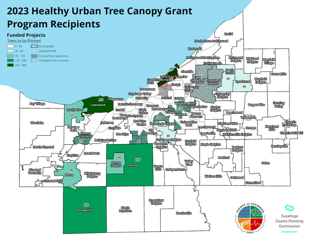 map of communities that received funding in 2023 through the Cuyahoga County Healthy Urban Tree Canopy Grant Program