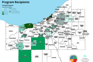 map of communities that received funding in 2023 through the Cuyahoga County Healthy Urban Tree Canopy Grant Program