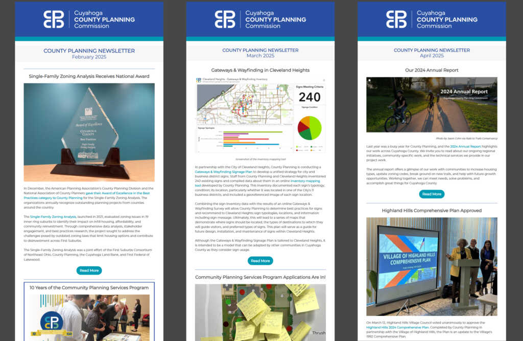 screenshots of portions of three issues of the County Planning Newsletter