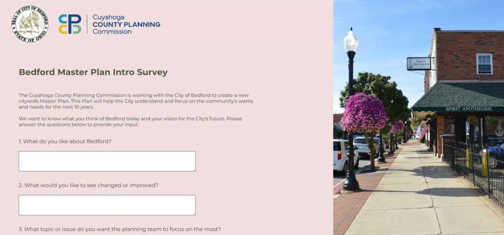 screenshot of the Bedford Master Plan Intro Survey