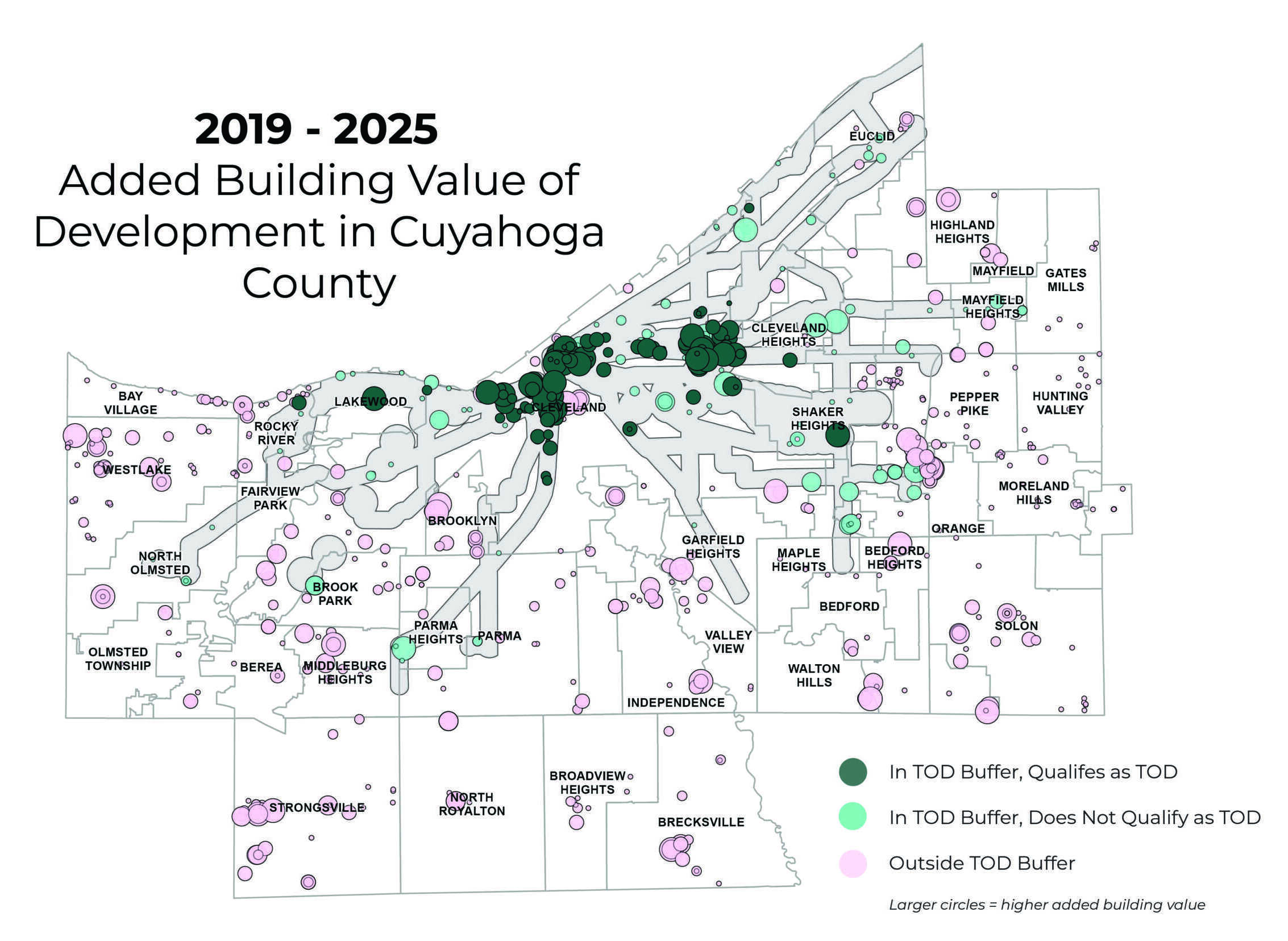 map of added building values in Cuyahoga County from 2019 to 2025