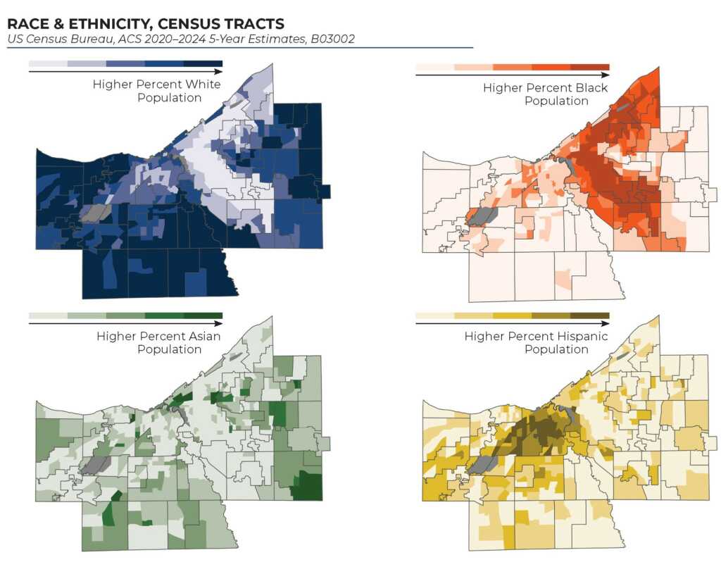 set of maps from the 2026 data book showing race and ethnicity for four groups in Cuyahoga County by census tract